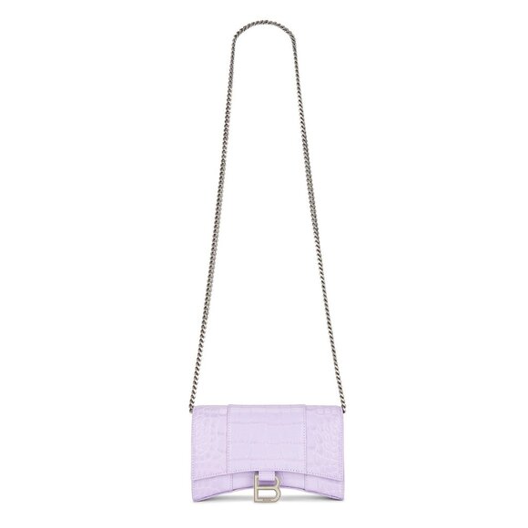 NWT Balenciaga Hourglass Wallet On Chain Shoulder Bag Lilac Shiny Embossed Croc - Picture 2 of 9
